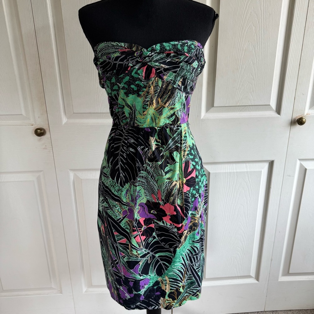 Anthropologie Strapless Tropical Print Dress in Black, Green, Purple